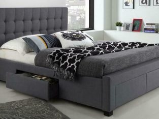 Platform Bed with Button-Tufted Fabric and 4 Drawers – Charcoal Grey Double / Charcoal Grey
