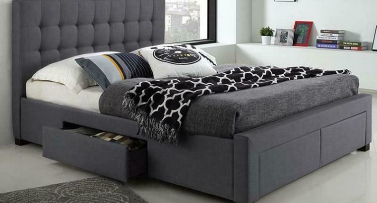 Platform Bed with Button-Tufted Fabric and 4 Drawers – Charcoal Grey Double / Charcoal Grey