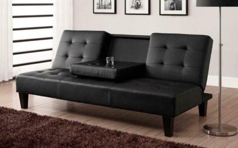 Leather Sofa Bed with Cup Holder – Black Black