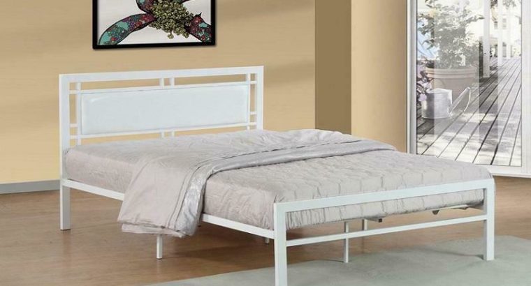 Platform Metal Bed with Leather – White Queen / White / Metal & Leather