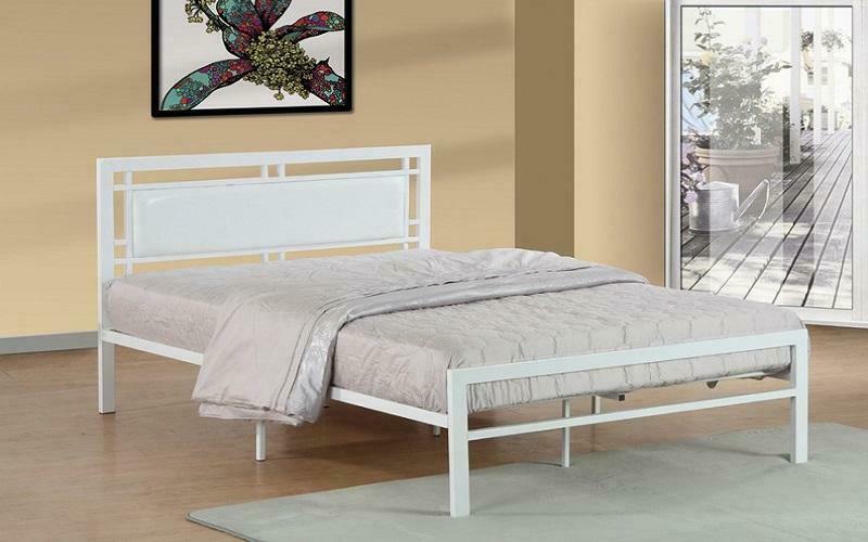 Platform Metal Bed with Leather – White Queen / White / Metal & Leather