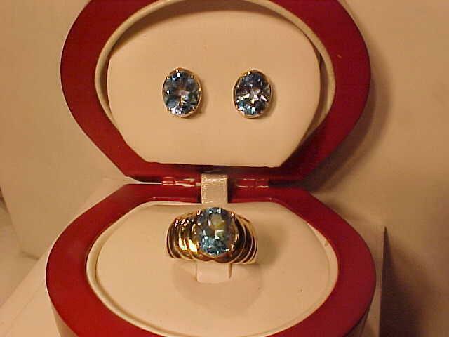 #3362-AQUA MARINE COLORED BLUE TOPAZ RING/EAR RING SET-Generous size stones-FREE SHIPPING & LAYAWAY-CANADA ONLY-$695.00