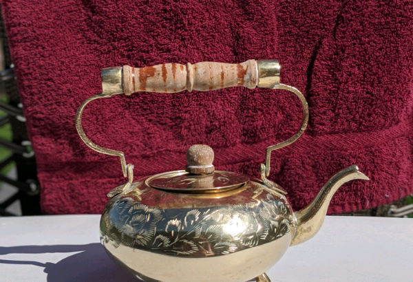 Vintage engraved brass tea pot