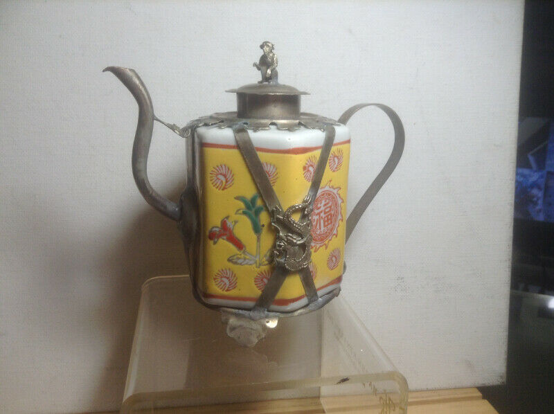 Antique Chinese Tibetan Silver Inlay Wucai Porcelain Wine TeaPot