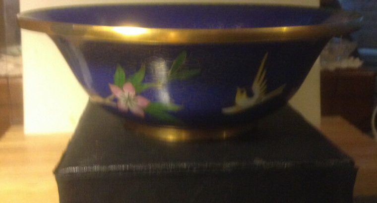 OLD CHINESE FLORAL BIRD CLOISONNE BLUE ENAMEL BOWL