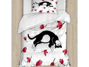 Ambesonne Modern Cute Kitty Sleeping Surrounded by Tulips Cat Animal Pet Lovely Creature Print Duvet Cover Set
