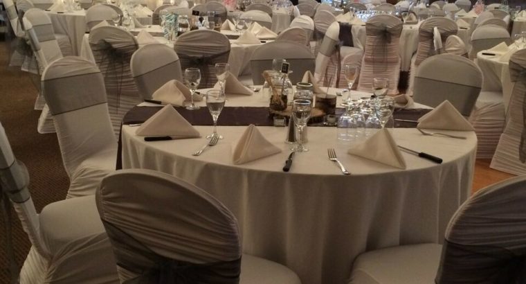 Chair covers, back drops, linens, vases, rose balls and more