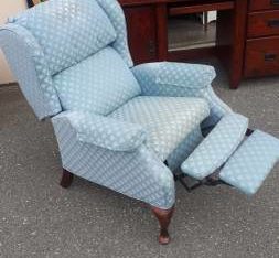 Blue Queen Anne Wing Back Chair with Flip Out