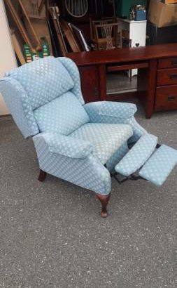 Blue Queen Anne Wing Back Chair with Flip Out