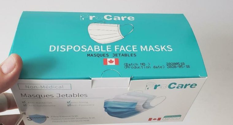 #1 Brand ProCare Medical Device Licence 12545/FDA Disposable 3 Ply Filter Safety Face Masks Made 4 CANADA Market PPE’S