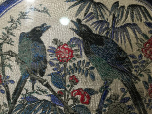 Chinese Antiques Two Birds Hand Painted on Fabric .