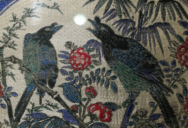 Chinese Antiques Two Birds Hand Painted on Fabric .