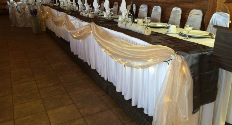 Chair covers, back drops, linens, vases, rose balls and more