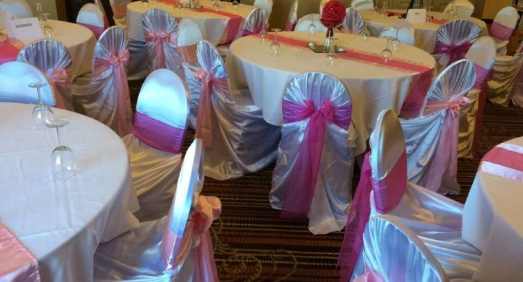 Chair covers, back drops, linens, vases, rose balls and more