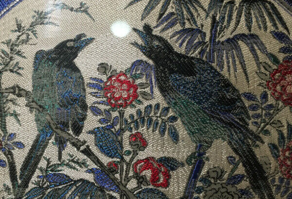 Chinese Antiques Two Birds Hand Painted on Fabric .