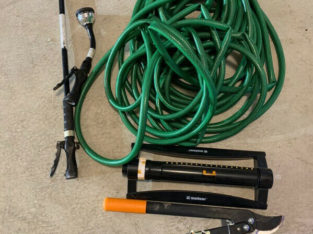 Long rubber garden hose, 2 water wands, sprinkler, grass shears