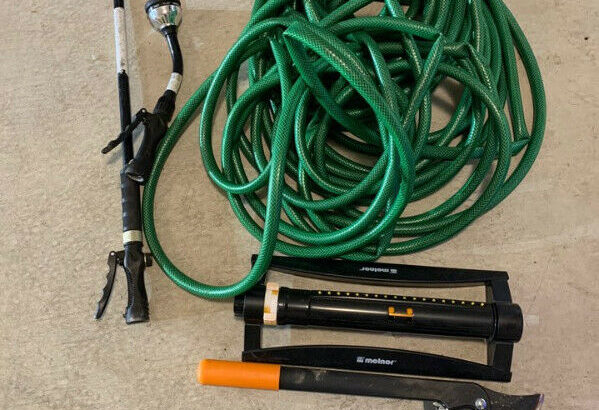 Long rubber garden hose, 2 water wands, sprinkler, grass shears