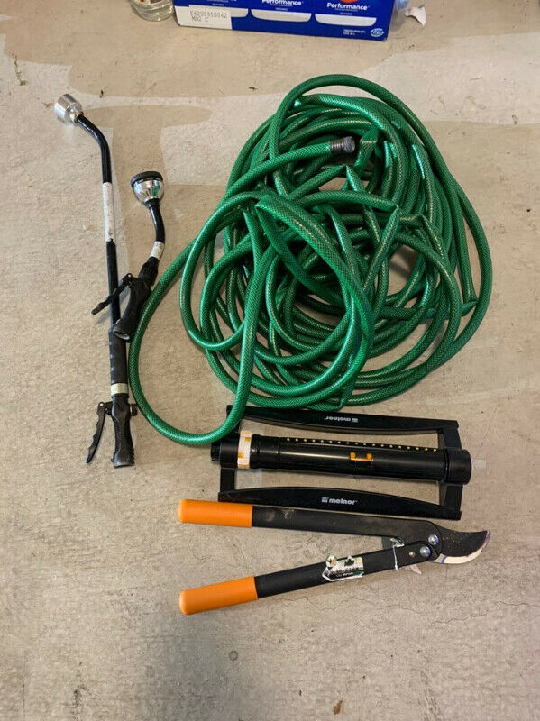 Long rubber garden hose, 2 water wands, sprinkler, grass shears