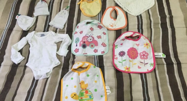 Baby clothing, bibs, and hats