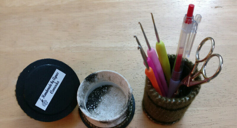 Pincushion Set – Pincushion, box, and crochet hooks container.
