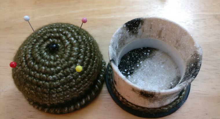 Pincushion Set – Pincushion, box, and crochet hooks container.